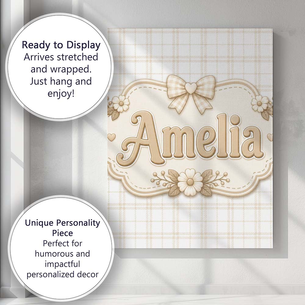 Personalised Name Beige Plaid Check Seamless Custom Bespoke  Contemporary Display Canvas Wall Art Print Decor Picture Ready to Hang