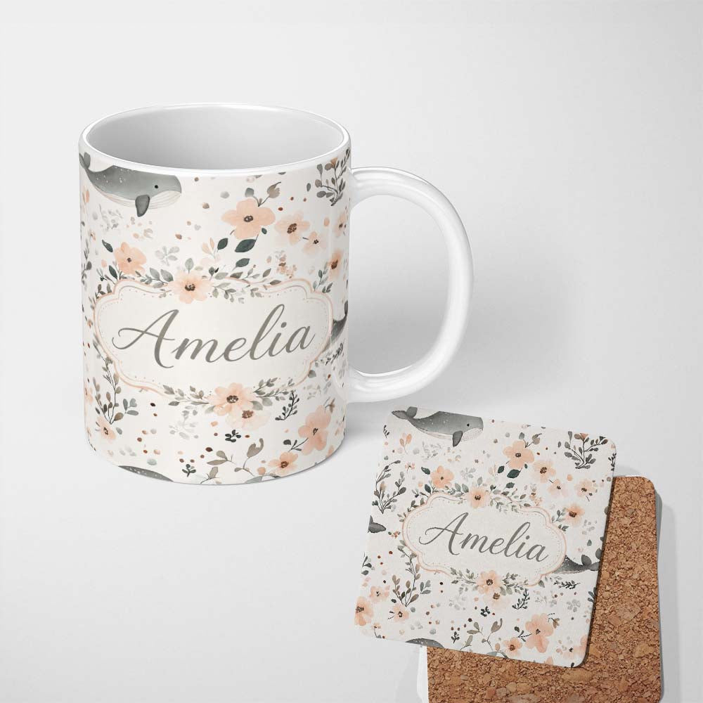 Personalized Custom Name Cute Baby Whale Floral Soft Neutral Seamless Pattern Name Unique 11oz Ceramic Coffee Tea Mug White Large Handle