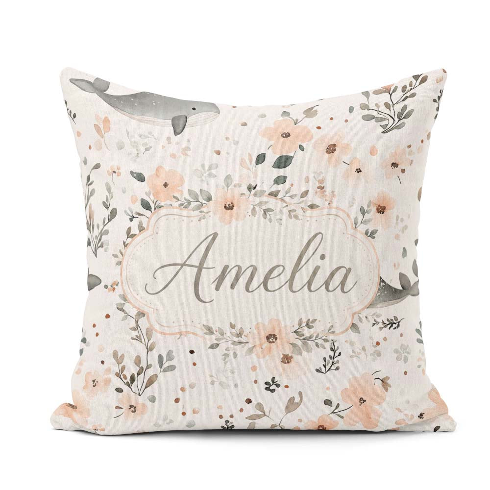 Custom Name Baby Whale Floral Soft Neutral Seamless Pattern Name Square Filled Cushion Throw Pillow Sofa Bed Home Decor Zip Washable UK Made