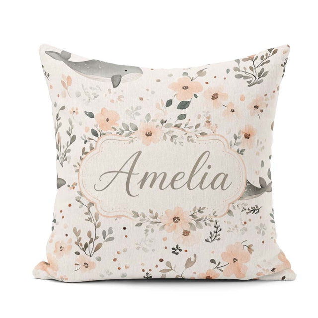 Custom Name Baby Whale Floral Soft Neutral Seamless Pattern Name Square Filled Cushion Throw Pillow Sofa Bed Home Decor Zip Washable UK Made