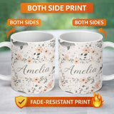 Personalized Custom Name Cute Baby Whale Floral Soft Neutral Seamless Pattern Name Unique 11oz Ceramic Coffee Tea Mug White Large Handle