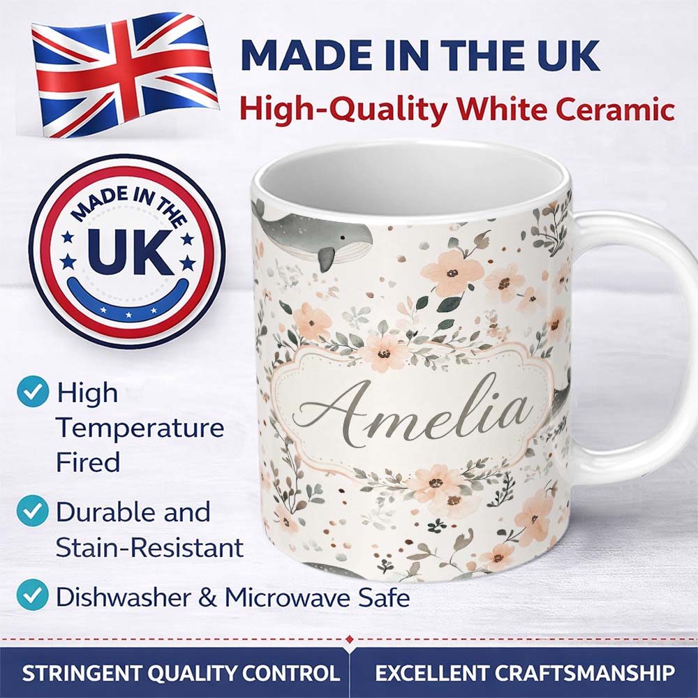 Personalized Custom Name Cute Baby Whale Floral Soft Neutral Seamless Pattern Name Unique 11oz Ceramic Coffee Tea Mug White Large Handle