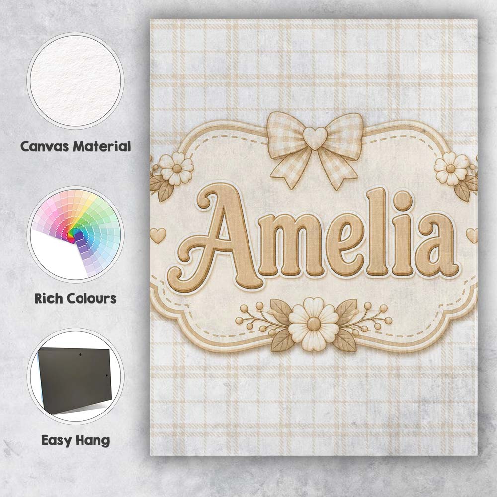 Personalised Name Beige Plaid Check Seamless Custom Bespoke  Contemporary Display Canvas Wall Art Print Decor Picture Ready to Hang