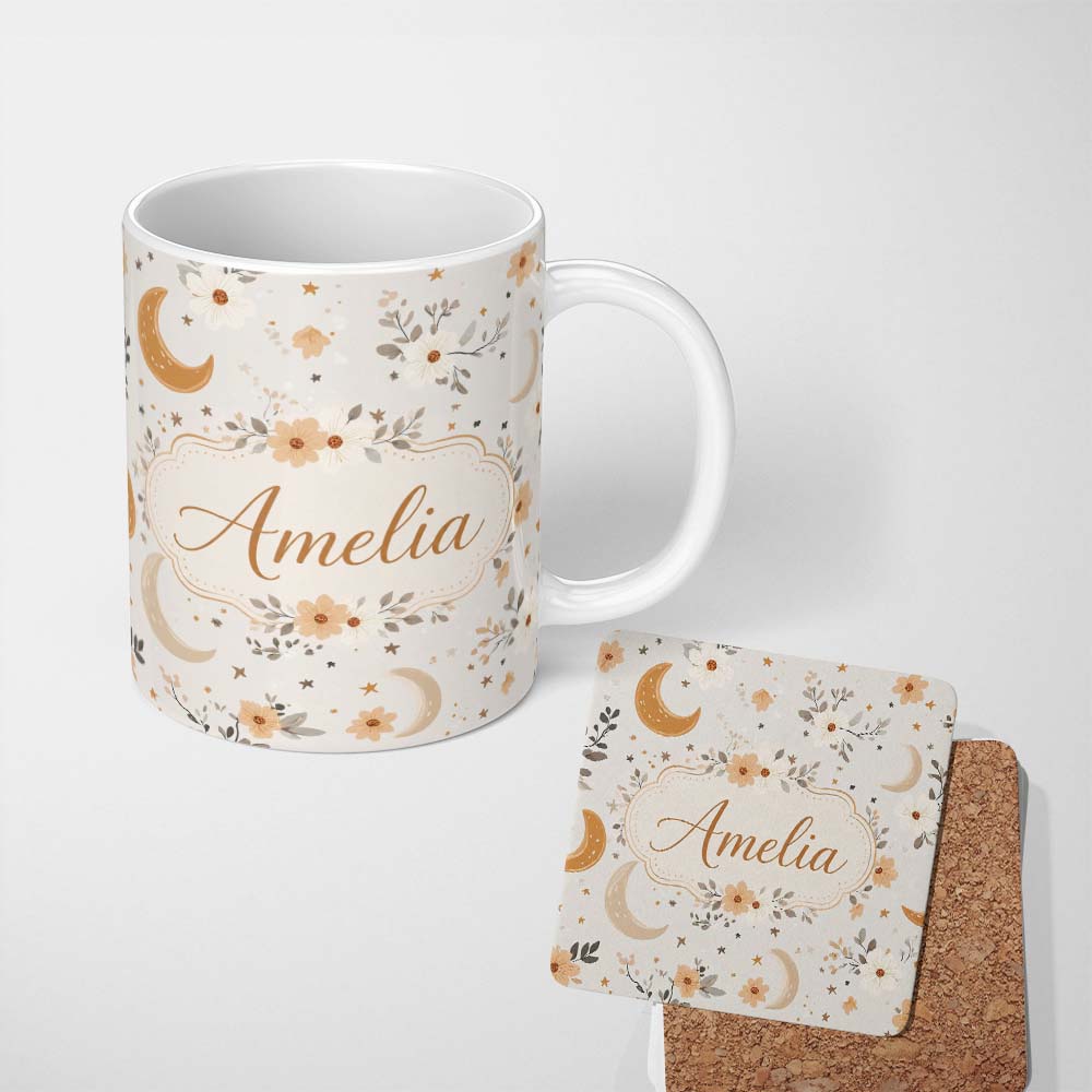 Personalized Custom Name Boho Moon Stars Floral Dreamy Seamless Pattern Name Cute Unique Gift 11oz Ceramic Coffee Tea Mug White Large Handle