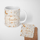 Personalized Custom Name Boho Moon Stars Floral Dreamy Seamless Pattern Name Cute Unique Gift 11oz Ceramic Coffee Tea Mug White Large Handle
