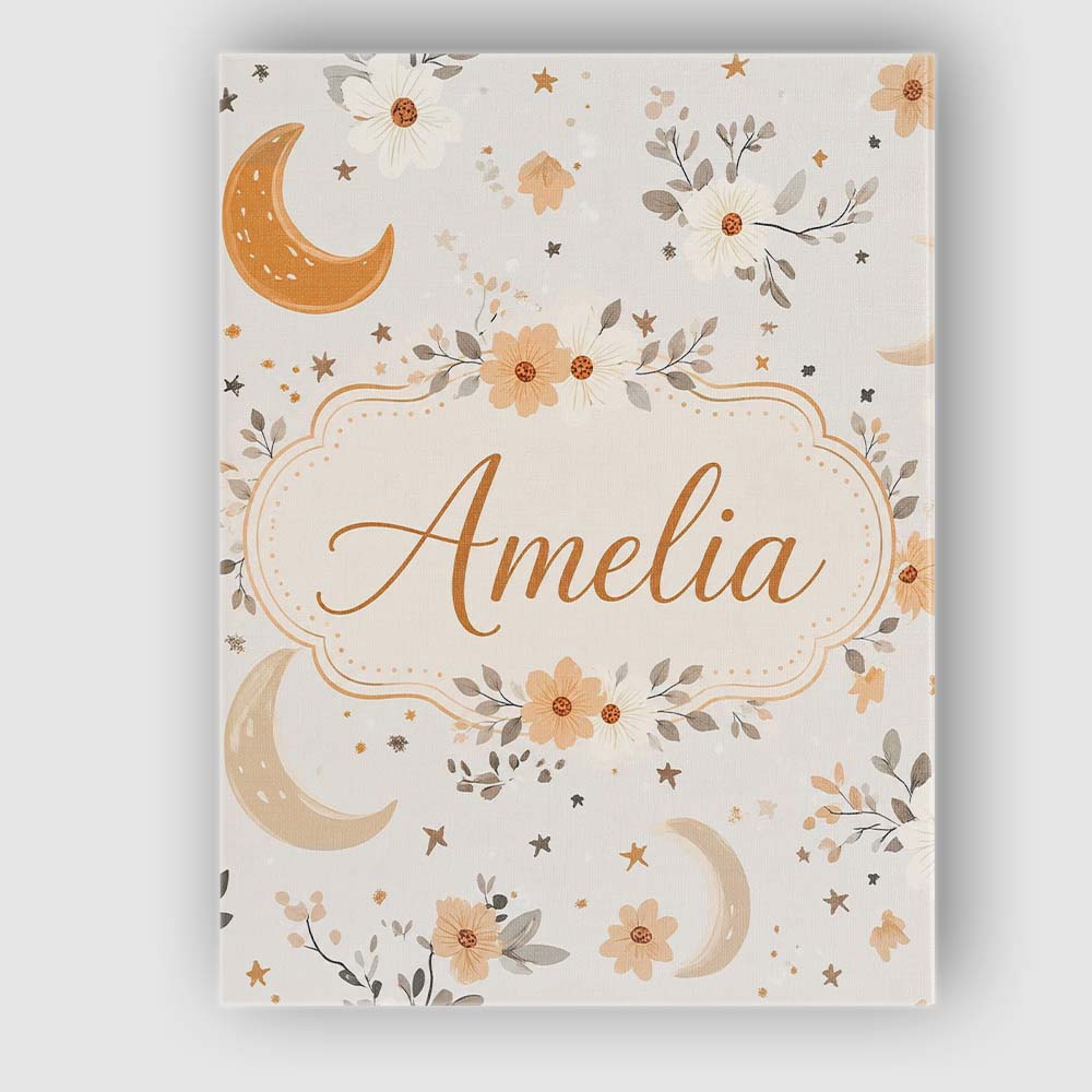 Personalised Name Boho Moon Stars Floral Custom  Unique Gift Idea Elegant Feature Canvas Wall Art Print Decor Picture Ready to Hang