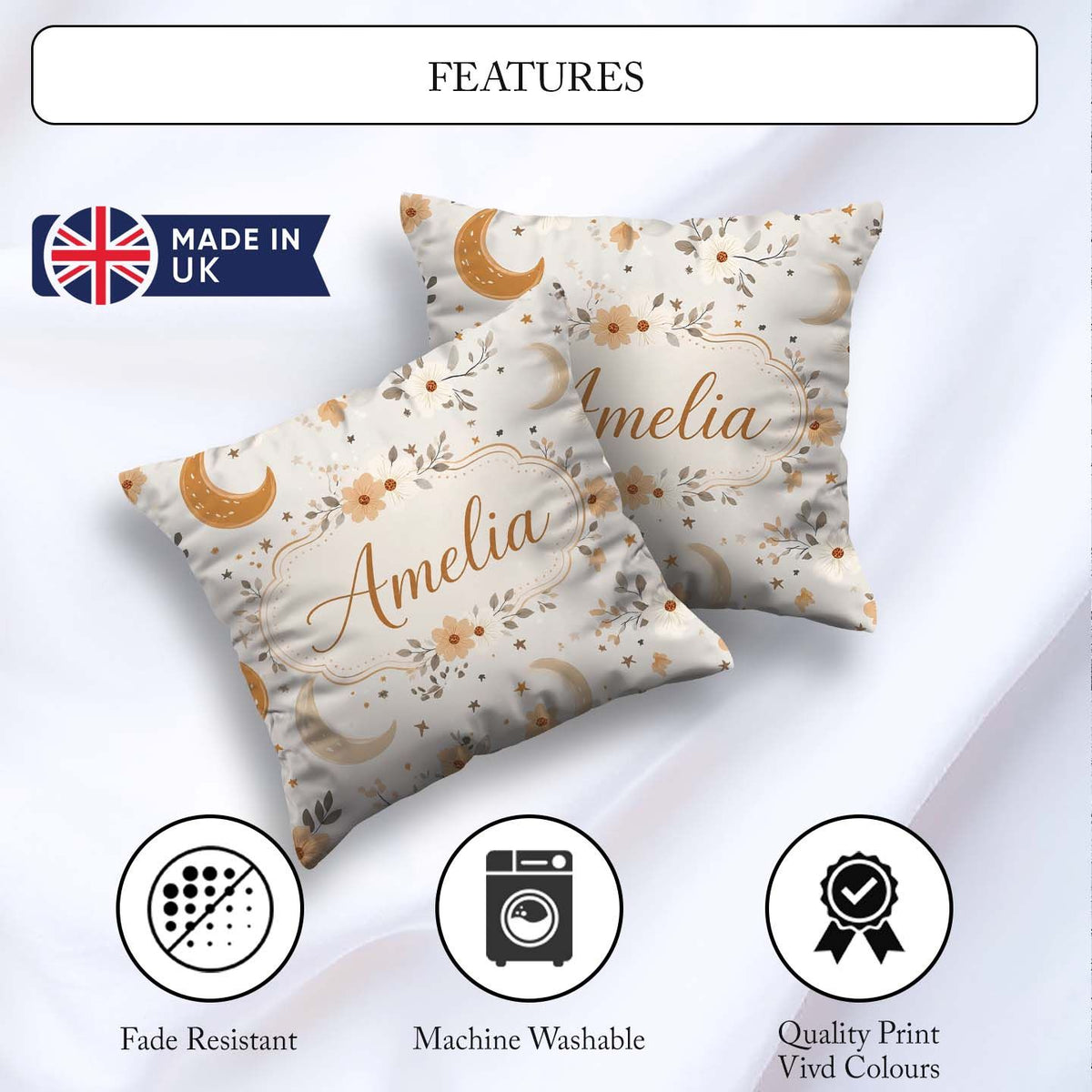 Custom Name Boho Moon Stars Floral Dreamy Seamless Pattern Name Square Filled Cushion Throw Pillow Sofa Bed Home Decor Zip Washable UK Made
