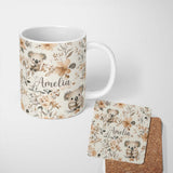 Personalized Custom Name Cute Koala Floral Nursery Soft Neutral Seamless Pattern Name Unique 11oz Ceramic Coffee Tea Mug White Large Handle