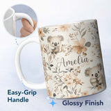Personalized Custom Name Cute Koala Floral Nursery Soft Neutral Seamless Pattern Name Unique 11oz Ceramic Coffee Tea Mug White Large Handle