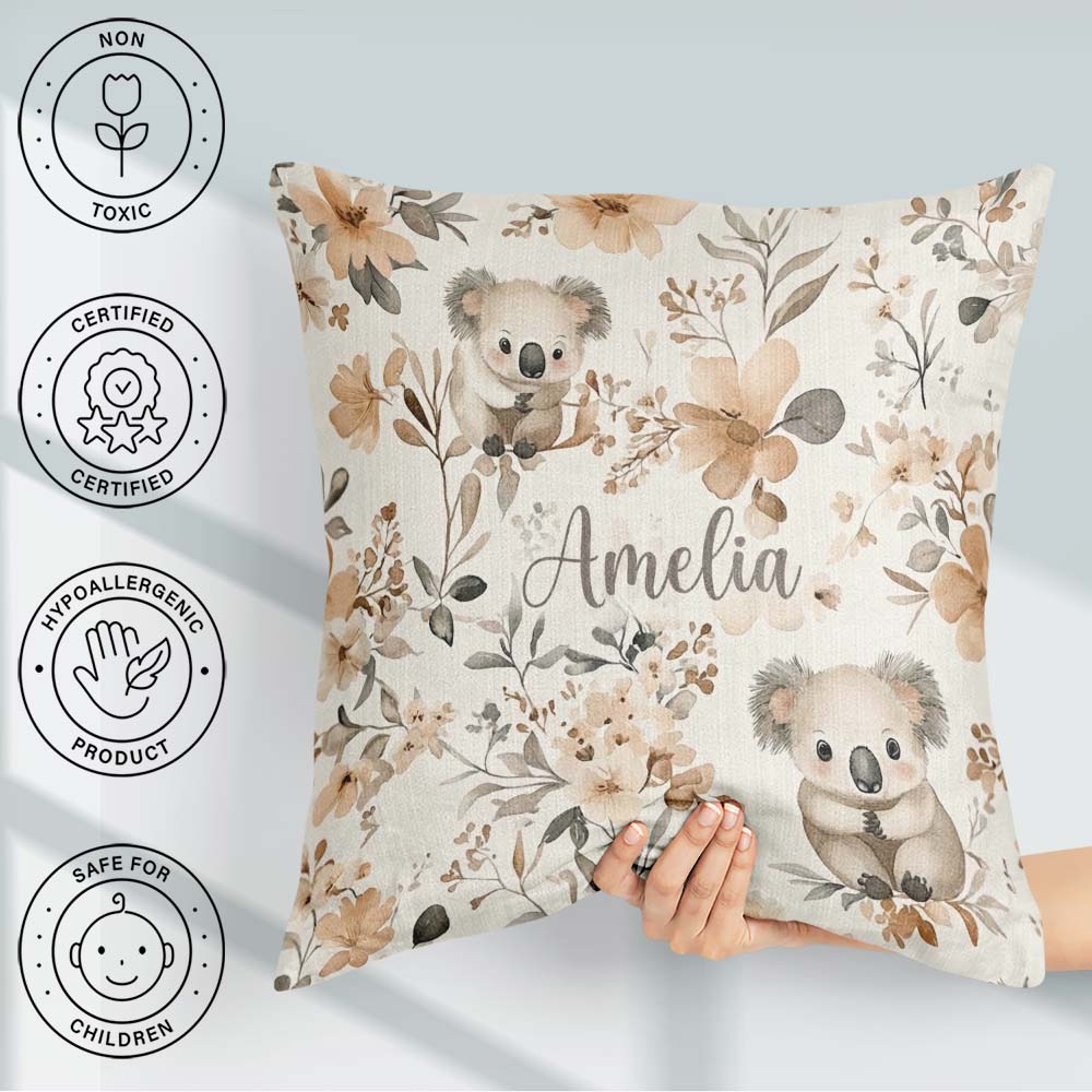 Custom Name Cute Koala Floral Nursery Soft Neutral Seamless Name Square Filled Cushion Throw Pillow Sofa Bed Home Decor Zip Washable UK Made