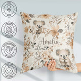 Custom Name Cute Koala Floral Nursery Soft Neutral Seamless Name Square Filled Cushion Throw Pillow Sofa Bed Home Decor Zip Washable UK Made