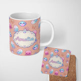 Personalized Custom Name Kawaii Jellyfish Starfish and Sea Creatures Warm Peach Background 11oz Ceramic Coffee Tea Mug White Large Handle