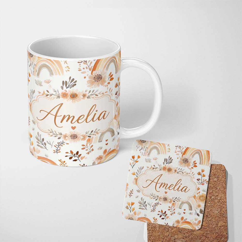 Personalized Custom Name Boho Rainbow Floral Neutral Seamless Pattern Name Cute Unique Gift 11oz Ceramic Coffee Tea Mug White Large Handle