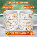 Personalized Custom Name Boho Rainbow Floral Neutral Seamless Pattern Name Cute Unique Gift 11oz Ceramic Coffee Tea Mug White Large Handle