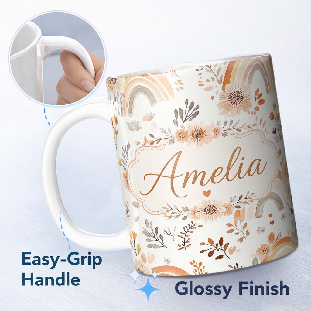 Personalized Custom Name Boho Rainbow Floral Neutral Seamless Pattern Name Cute Unique Gift 11oz Ceramic Coffee Tea Mug White Large Handle