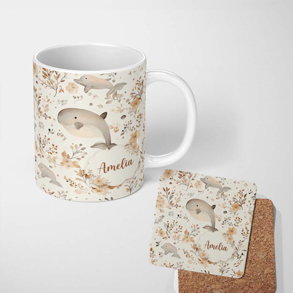 Personalized Custom Name Cute Whale Dolphin Floral Neutral Seamless Pattern Custom Name 11oz Ceramic Coffee Tea Mug White Large Handle