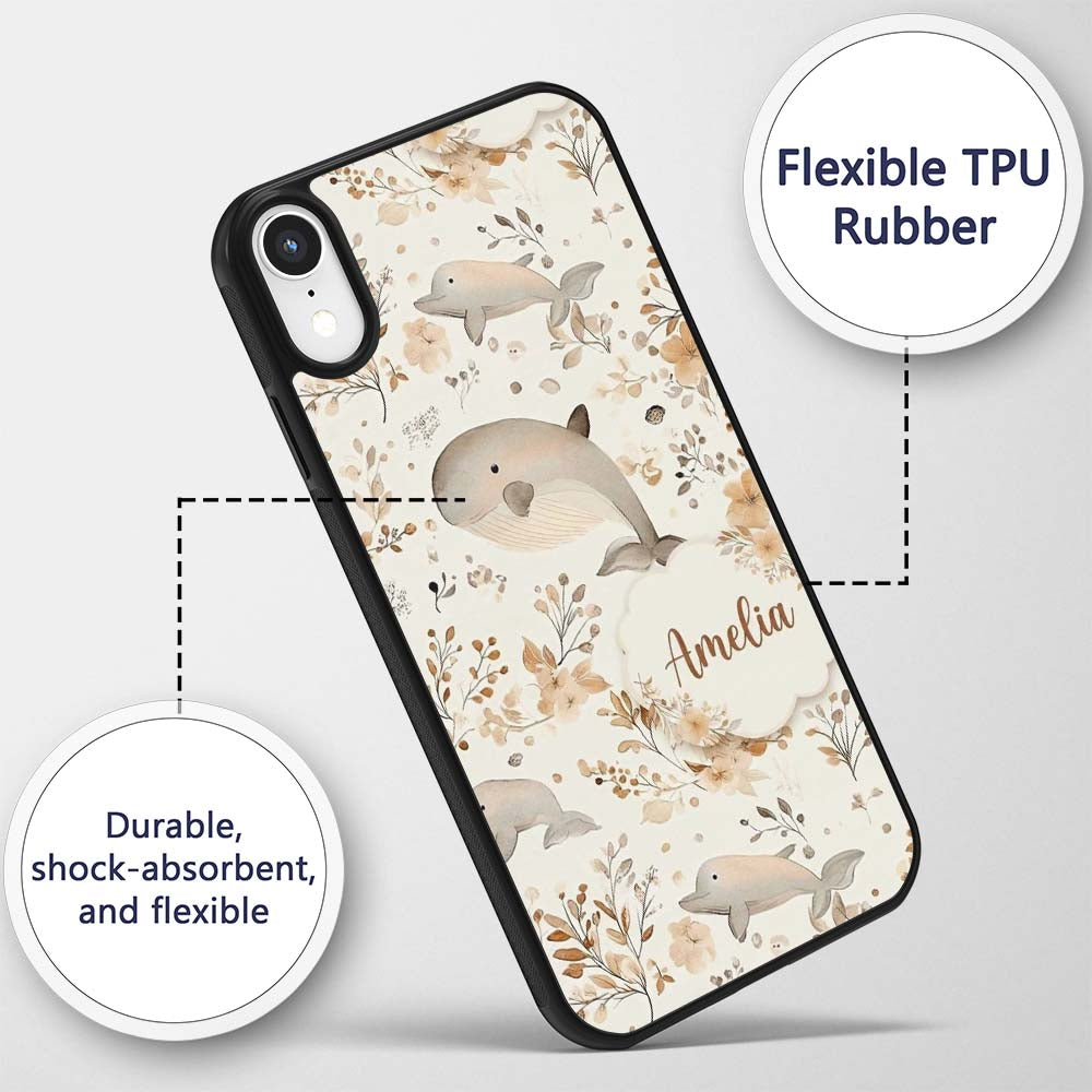 Cute Whale Dolphin Floral Neutral Printed Design Custom Name Protective Phone Case Mobile Cover Durable Everyday Smartphone Shock Resistant
