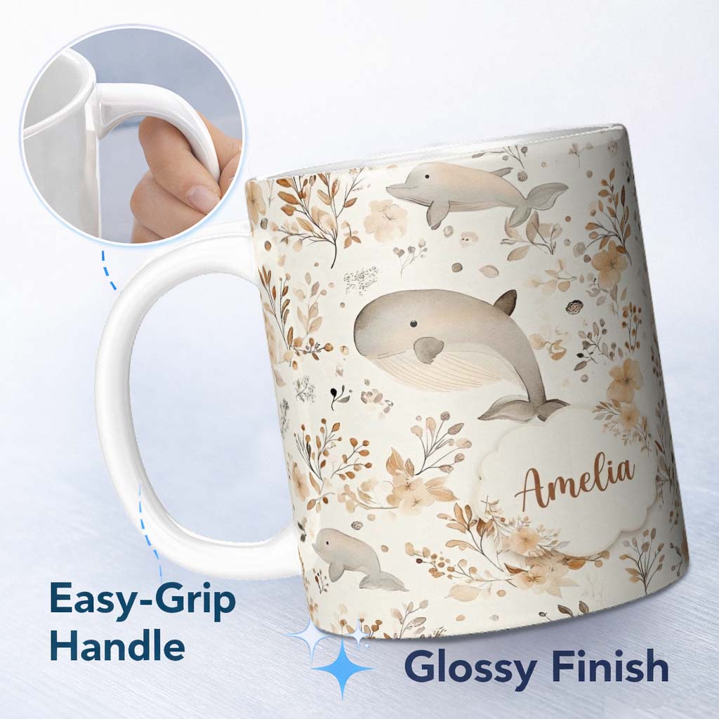 Personalized Custom Name Cute Whale Dolphin Floral Neutral Seamless Pattern Custom Name 11oz Ceramic Coffee Tea Mug White Large Handle