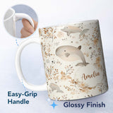 Personalized Custom Name Cute Whale Dolphin Floral Neutral Seamless Pattern Custom Name 11oz Ceramic Coffee Tea Mug White Large Handle