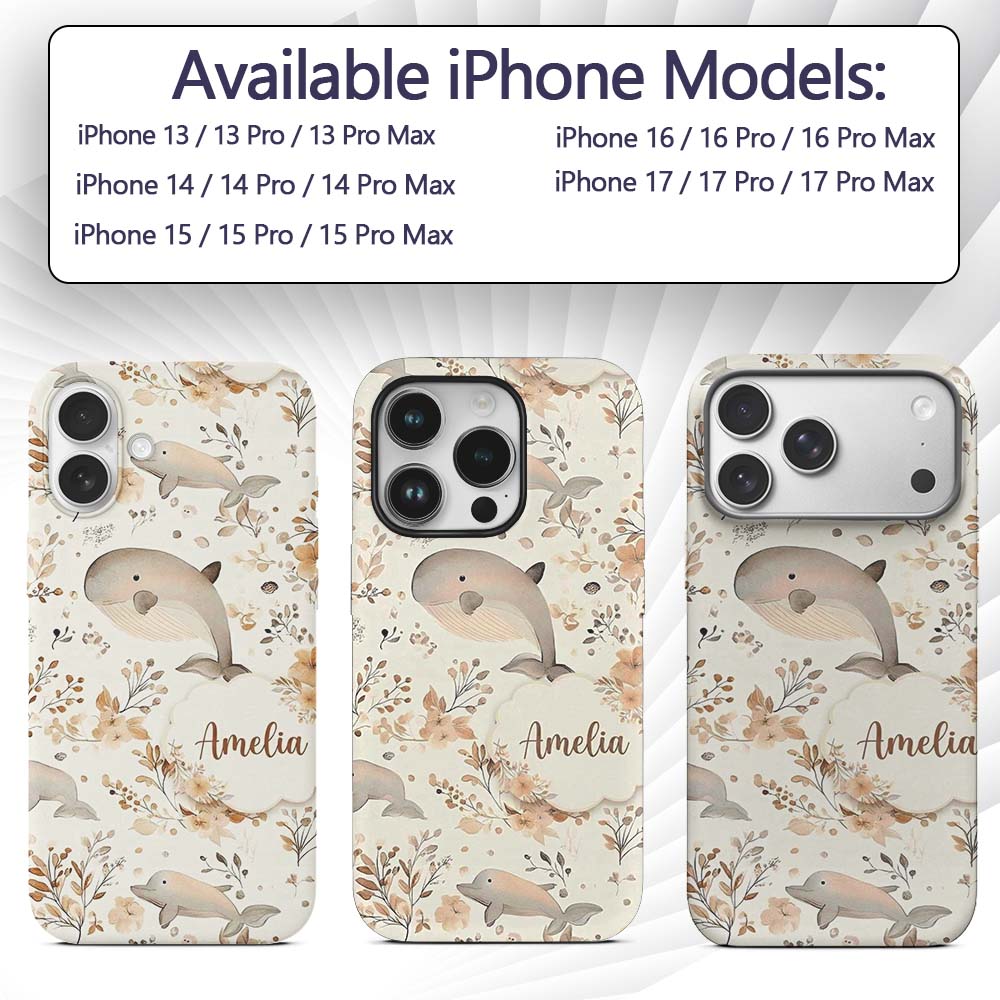 Cute Whale Dolphin Floral Neutral Printed Design Custom Name Protective Phone Case Mobile Cover Durable Everyday Smartphone Shock Resistant