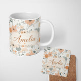 Personalized Custom Name Minimal Floral Abstract Soft Neutral Seamless Pattern Name Cute 11oz Ceramic Coffee Tea Mug White Large Handle