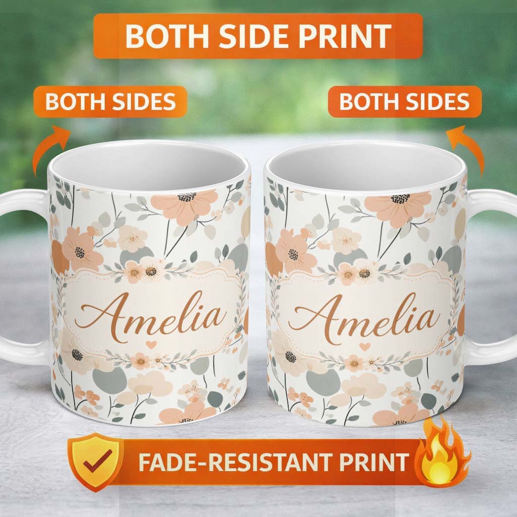 Personalized Custom Name Minimal Floral Abstract Soft Neutral Seamless Pattern Name Cute 11oz Ceramic Coffee Tea Mug White Large Handle