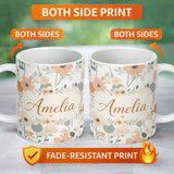 Personalized Custom Name Minimal Floral Abstract Soft Neutral Seamless Pattern Name Cute 11oz Ceramic Coffee Tea Mug White Large Handle