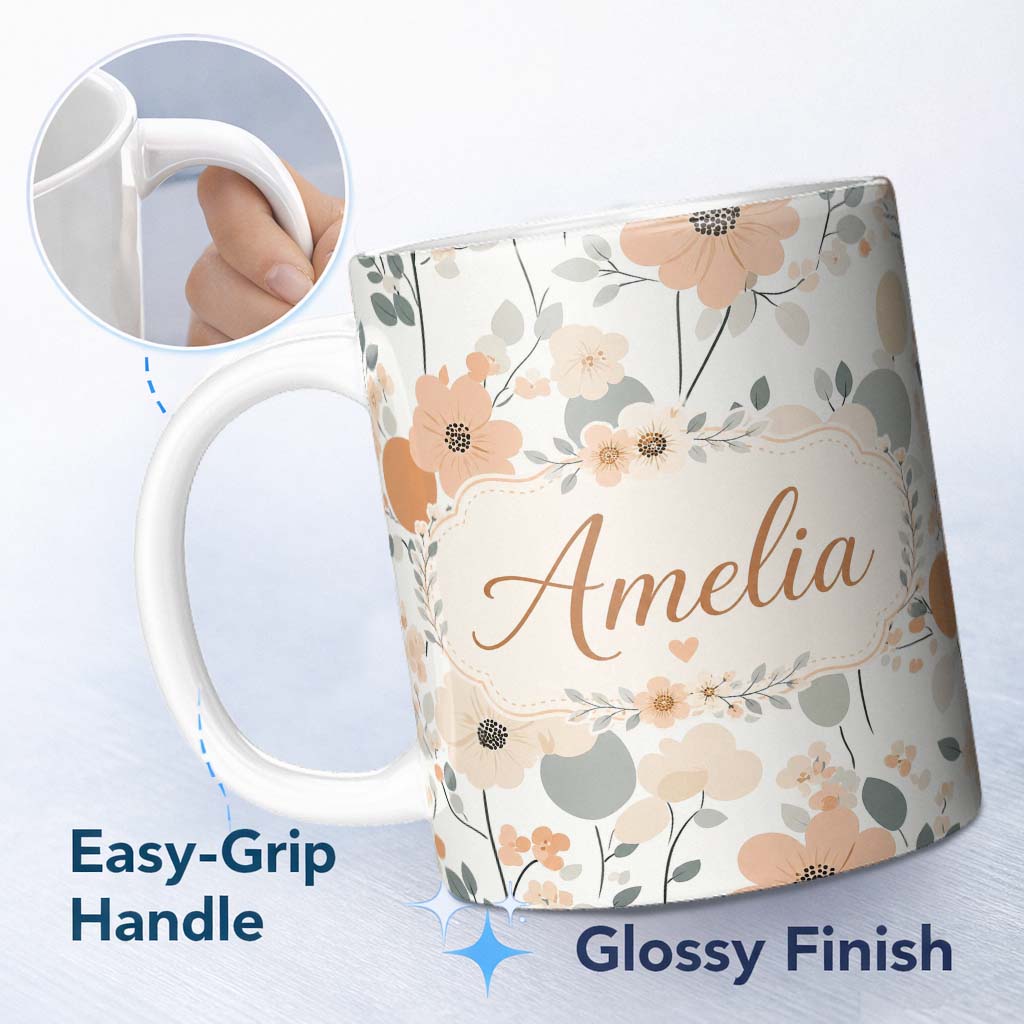 Personalized Custom Name Minimal Floral Abstract Soft Neutral Seamless Pattern Name Cute 11oz Ceramic Coffee Tea Mug White Large Handle