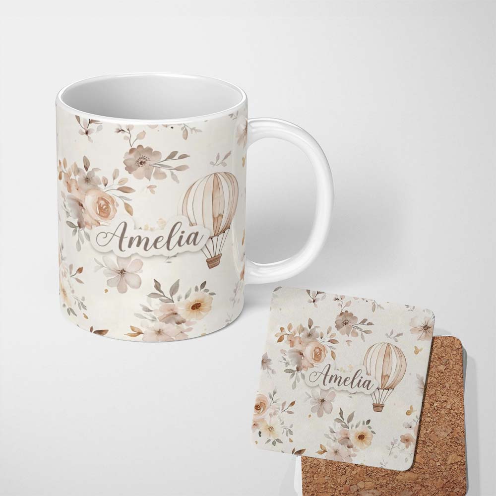 Personalized Custom Name Vintage Floral Balloon Soft Neutral Seamless Pattern Name Cute 11oz Ceramic Coffee Tea Mug White Large Handle