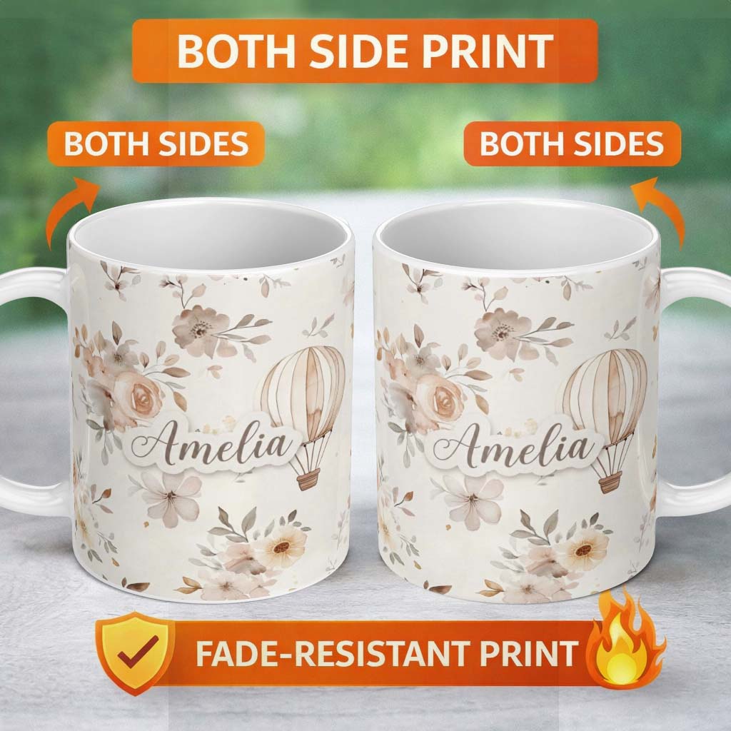 Personalized Custom Name Vintage Floral Balloon Soft Neutral Seamless Pattern Name Cute 11oz Ceramic Coffee Tea Mug White Large Handle