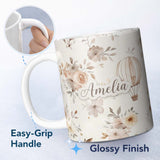 Personalized Custom Name Vintage Floral Balloon Soft Neutral Seamless Pattern Name Cute 11oz Ceramic Coffee Tea Mug White Large Handle