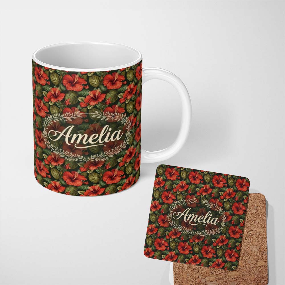 Personalized Custom Name Tropical Red Hibiscus Dark Botanical Seamless Pattern Name Cute 11oz Ceramic Coffee Tea Mug White Large Handle