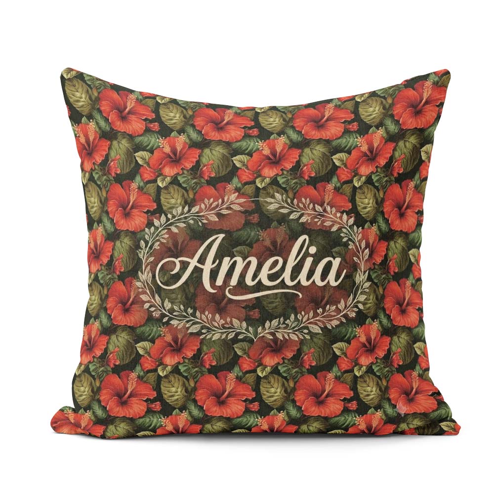 Custom Name Tropical Red Hibiscus Dark Botanical Seamless Name Square Filled Cushion Throw Pillow Sofa Bed Home Decor Zip Washable UK Made