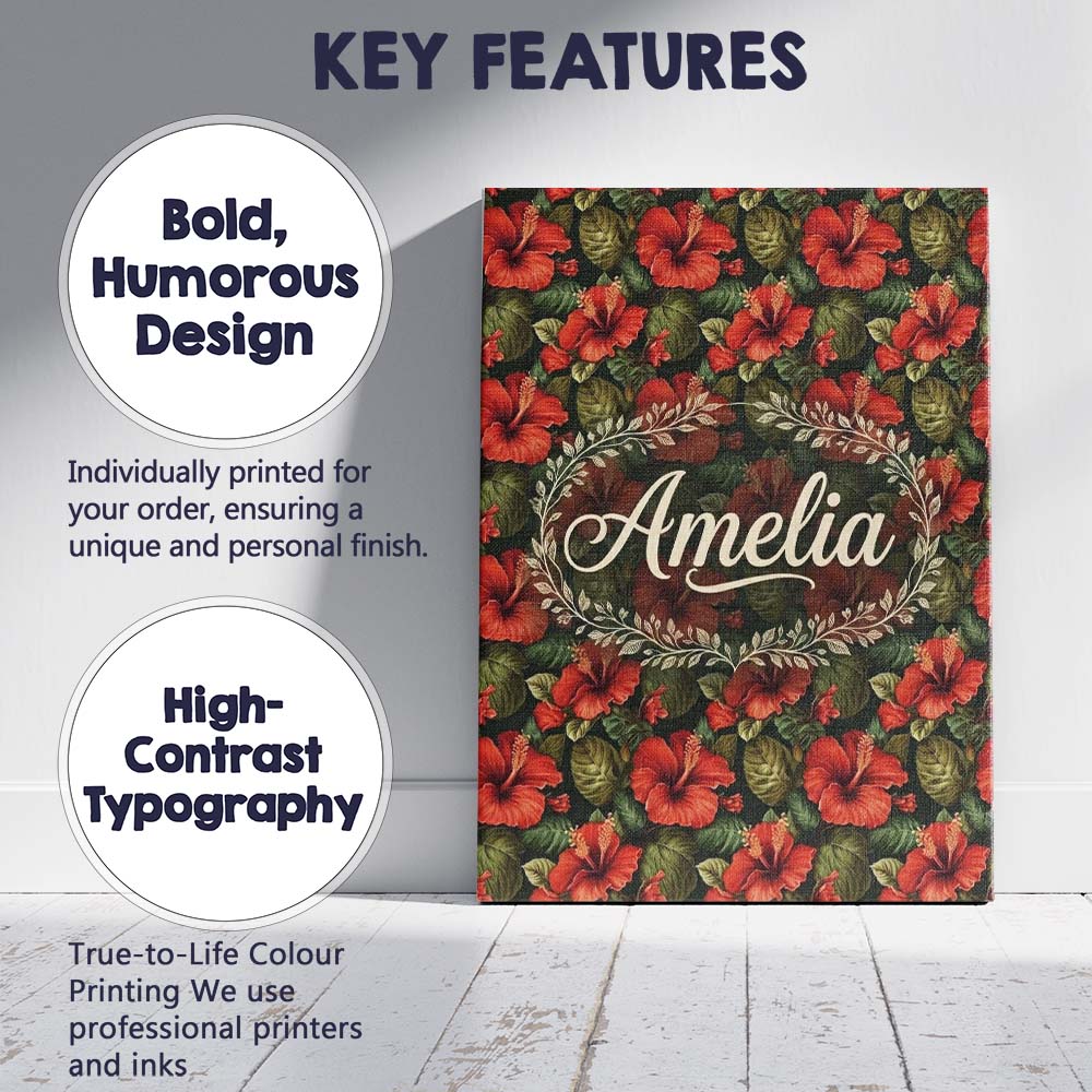 Personalised Name Tropical Red Hibiscus Custom  Modern Room Accent Elegant Feature Canvas Wall Art Print Decor Picture Ready to Hang