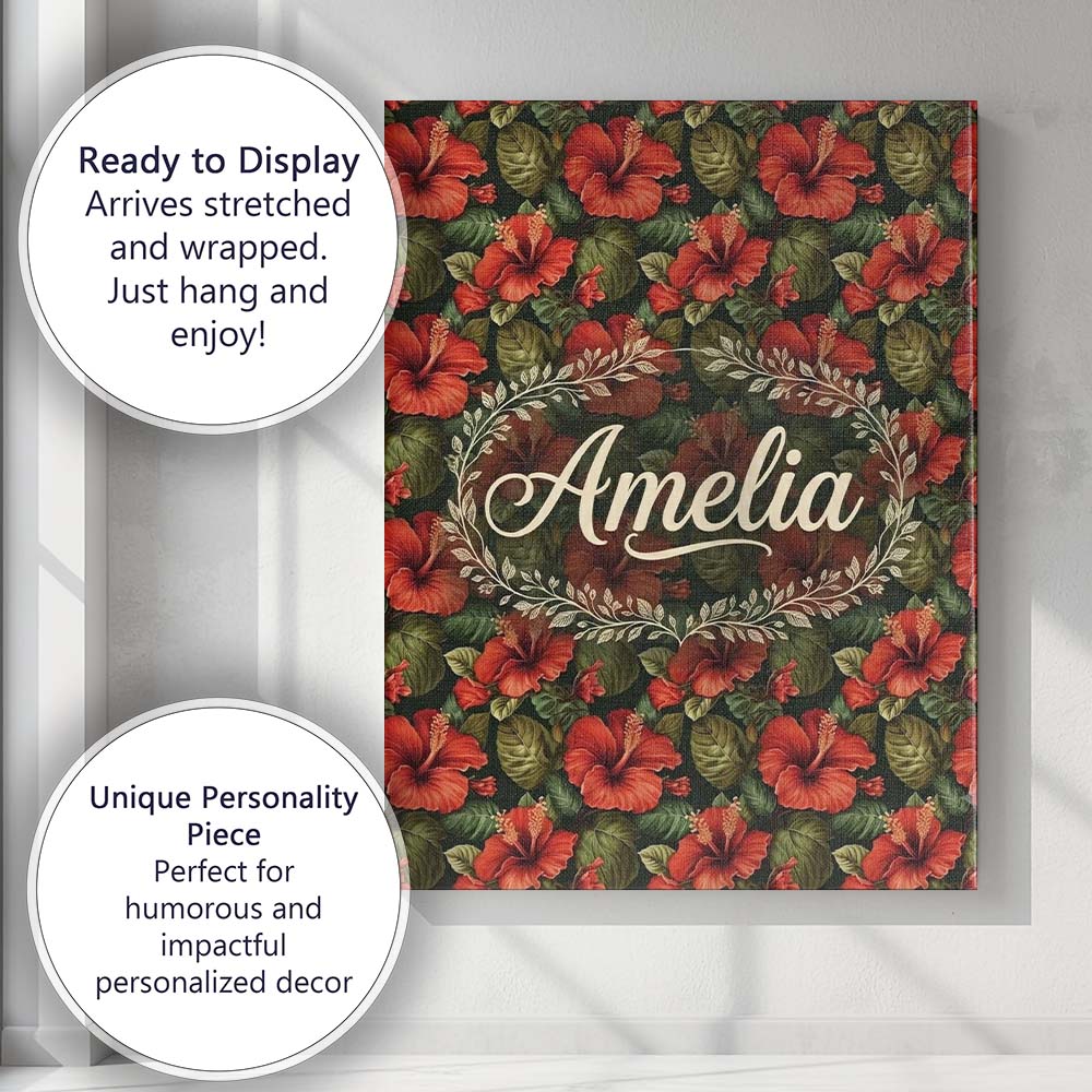 Personalised Name Tropical Red Hibiscus Custom  Modern Room Accent Elegant Feature Canvas Wall Art Print Decor Picture Ready to Hang