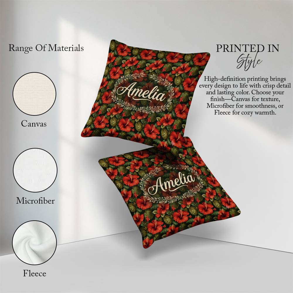 Custom Name Tropical Red Hibiscus Dark Botanical Seamless Name Square Filled Cushion Throw Pillow Sofa Bed Home Decor Zip Washable UK Made