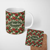 Personalized Custom Name Tropical Hibiscus White Red Botanical Seamless Pattern Name Cute 11oz Ceramic Coffee Tea Mug White Large Handle