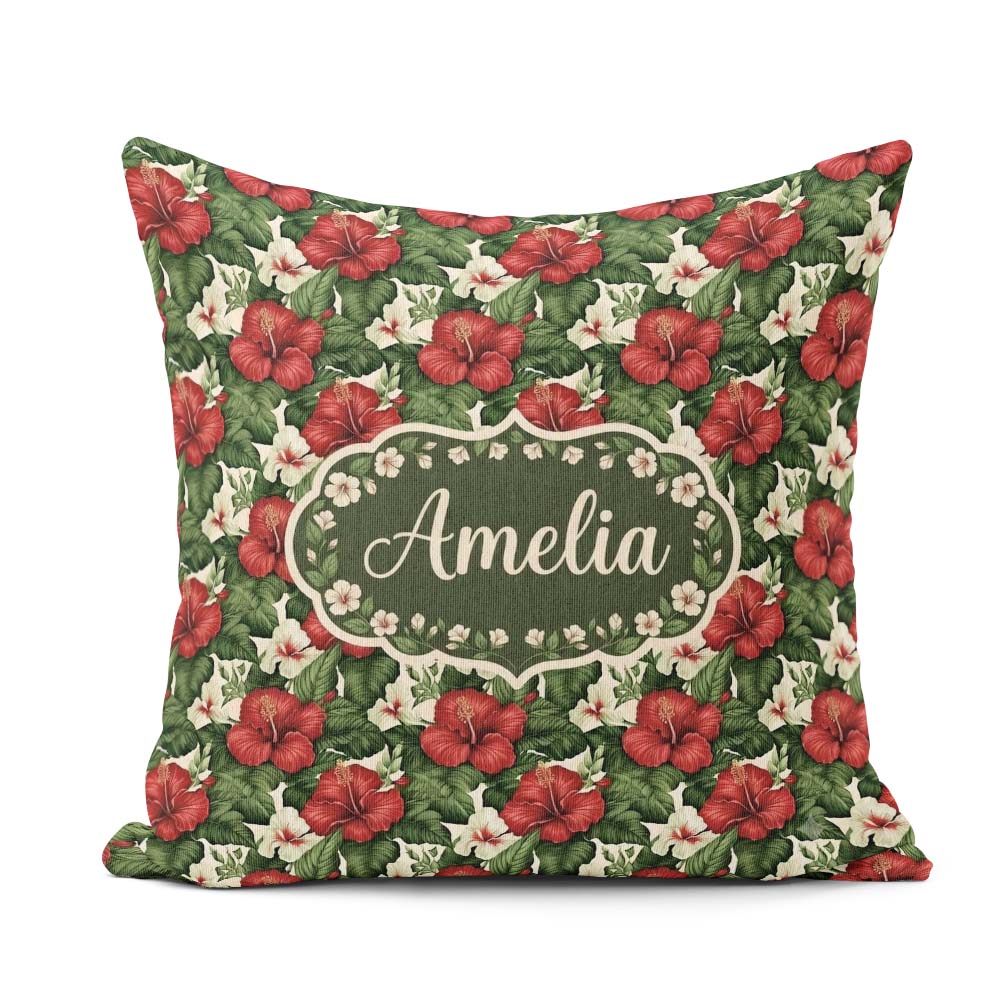 Custom Name Tropical Hibiscus White Red Botanical Seamless Name Square Filled Cushion Throw Pillow Sofa Bed Home Decor Zip Washable UK Made