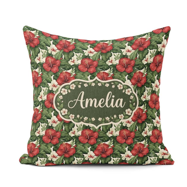 Custom Name Tropical Hibiscus White Red Botanical Seamless Name Square Filled Cushion Throw Pillow Sofa Bed Home Decor Zip Washable UK Made
