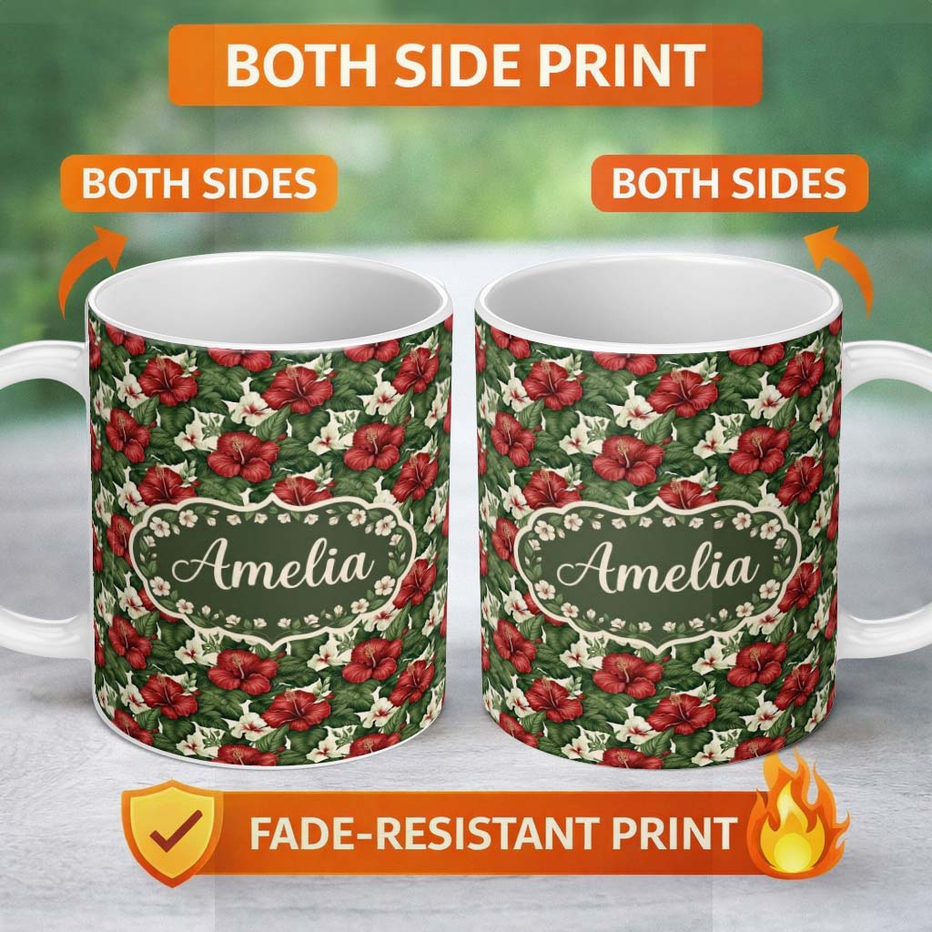 Personalized Custom Name Tropical Hibiscus White Red Botanical Seamless Pattern Name Cute 11oz Ceramic Coffee Tea Mug White Large Handle
