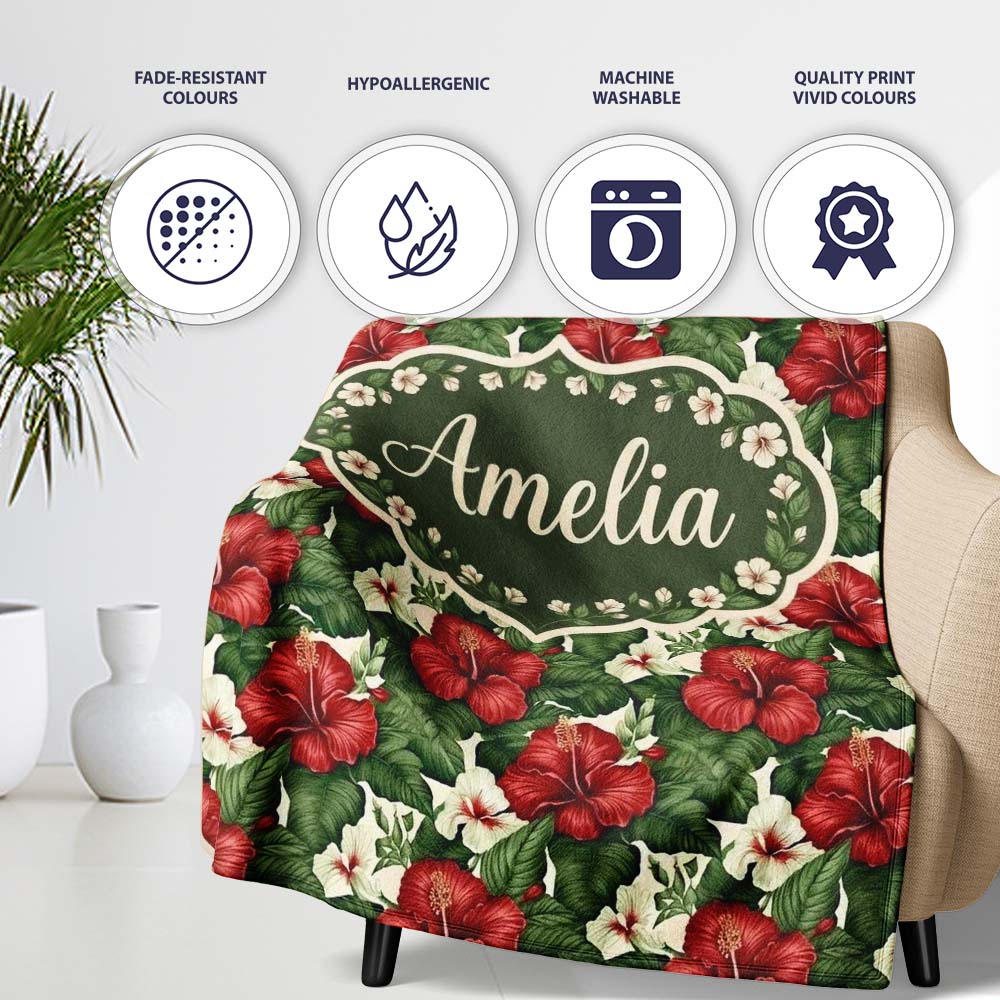 Tropical Hibiscus White Red Botanical Seamless Pattern Name Cute  Personalised Custom Name Super Soft Fleece Blanket Bed Sofa Throw
