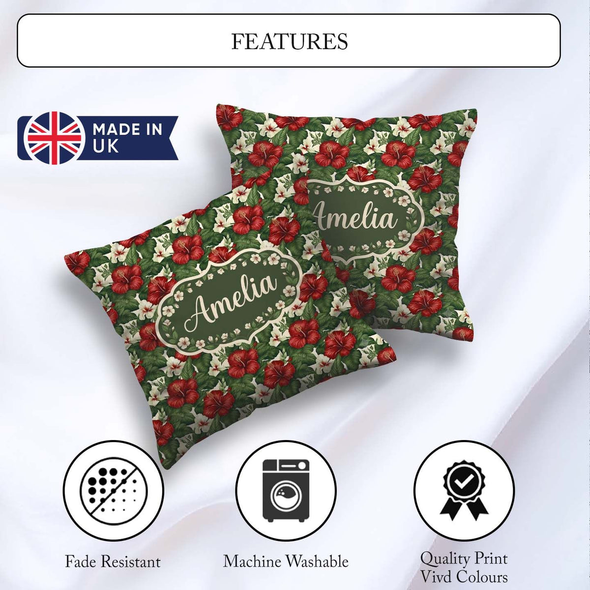 Custom Name Tropical Hibiscus White Red Botanical Seamless Name Square Filled Cushion Throw Pillow Sofa Bed Home Decor Zip Washable UK Made