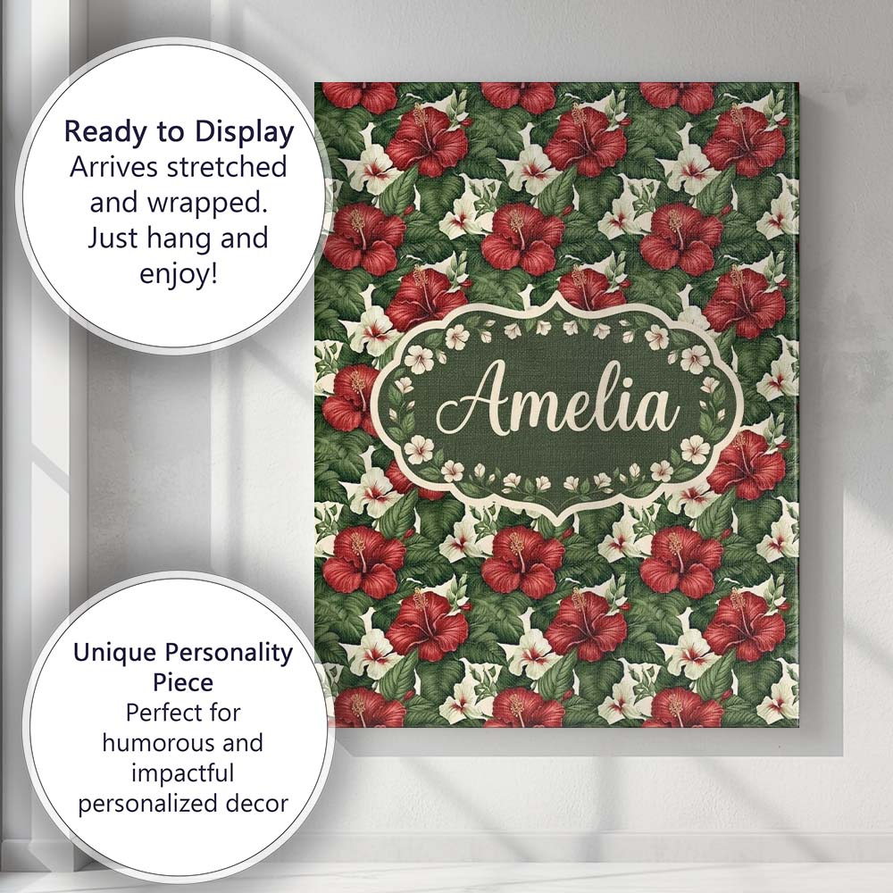 Personalised Name Tropical Hibiscus White Custom  Unique Gift Idea Elegant Feature Canvas Wall Art Print Decor Picture Ready to Hang