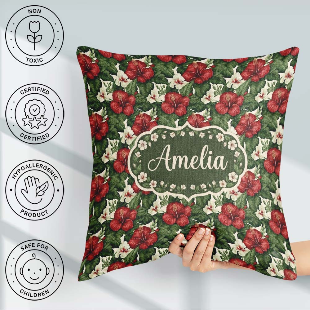 Custom Name Tropical Hibiscus White Red Botanical Seamless Name Square Filled Cushion Throw Pillow Sofa Bed Home Decor Zip Washable UK Made