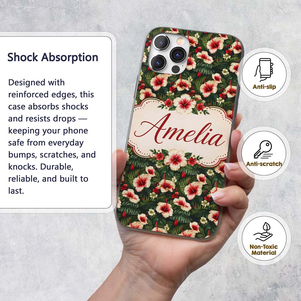 Tropical Hibiscus Cream Red Jungle Printed Design Custom Name Protective Phone Case Mobile Cover Durable Everyday Smartphone Shock Resistant