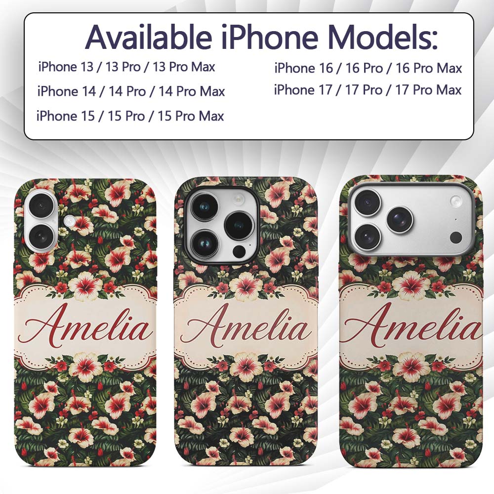 Tropical Hibiscus Cream Red Jungle Printed Design Custom Name Protective Phone Case Mobile Cover Durable Everyday Smartphone Shock Resistant