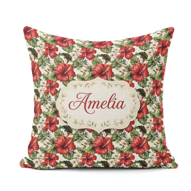 Custom Name Tropical Red Hibiscus Floral Botanical Seamless Name Square Filled Cushion Throw Pillow Sofa Bed Home Decor Zip Washable UK Made