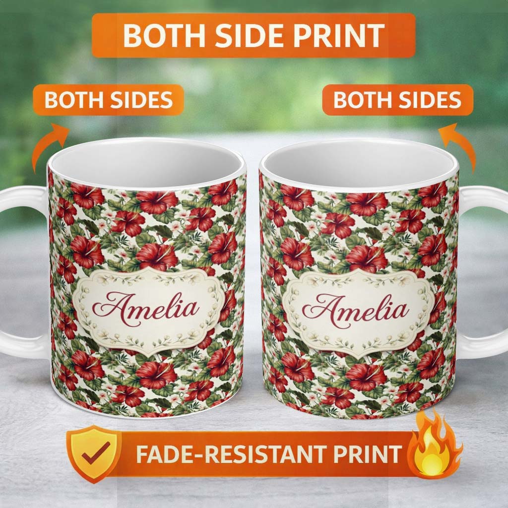 Personalized Custom Name Tropical Red Hibiscus Floral Botanical Seamless Pattern Name Cute 11oz Ceramic Coffee Tea Mug White Large Handle