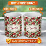 Personalized Custom Name Tropical Red Hibiscus Floral Botanical Seamless Pattern Name Cute 11oz Ceramic Coffee Tea Mug White Large Handle