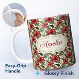 Personalized Custom Name Tropical Red Hibiscus Floral Botanical Seamless Pattern Name Cute 11oz Ceramic Coffee Tea Mug White Large Handle